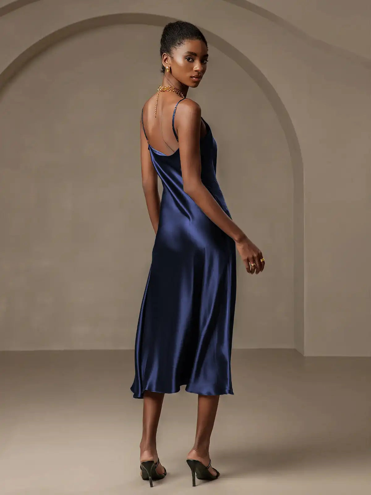 100% Mulberry Silk Spaghetti Strap Cowl Neck Bias Midi Dress with Split Design
