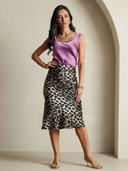 19Momme 100% Mulberry Silk Leopard Print Stretch Straight Long Skirt