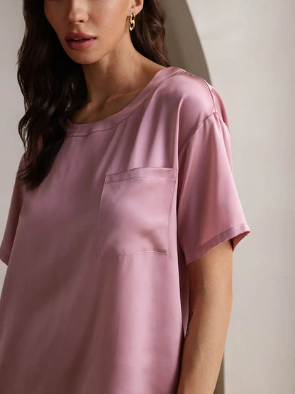 100% Mulberry Silk Short Sleeve Round Neck Women's Pajamas Set