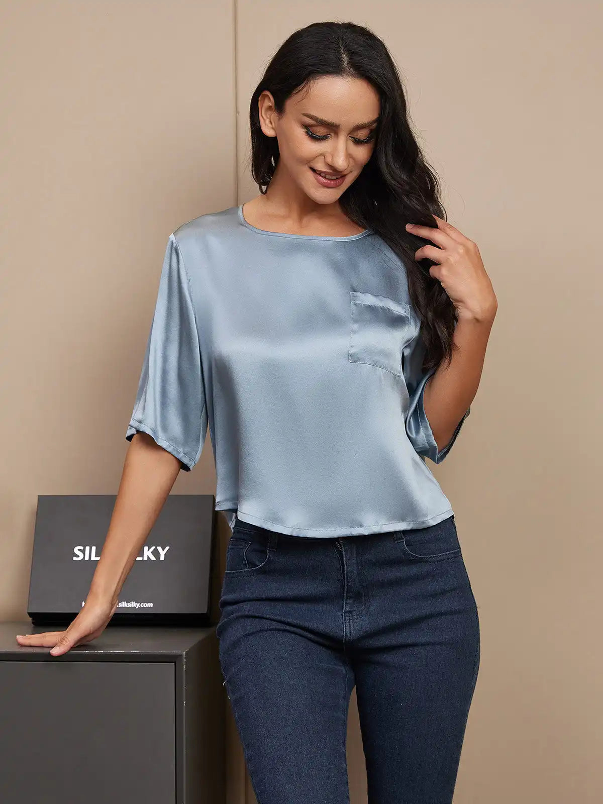 100% Mulberry Silk Women's Blouse Short Sleeve Boxy Crop Top