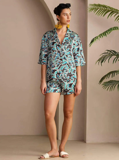 Clearance - 100% Mulberry Silk Women's Botanical Print Short Sleeve Button Up Pajamas Set