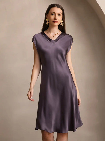 100% Mulberry Silk Cap Sleeve V-neck Midi Nightgown