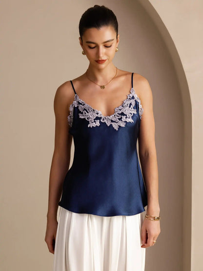 100% Mulberry Silk Spaghetti Strap  V-neck Lace Camisole Top