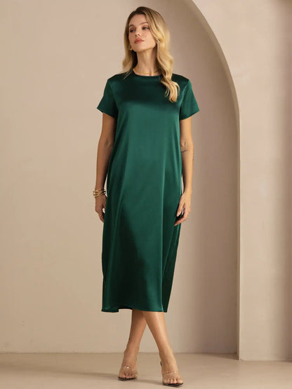 19Momme Silk Short Sleeve Crew Neck  Midi Dress With Side Pockets