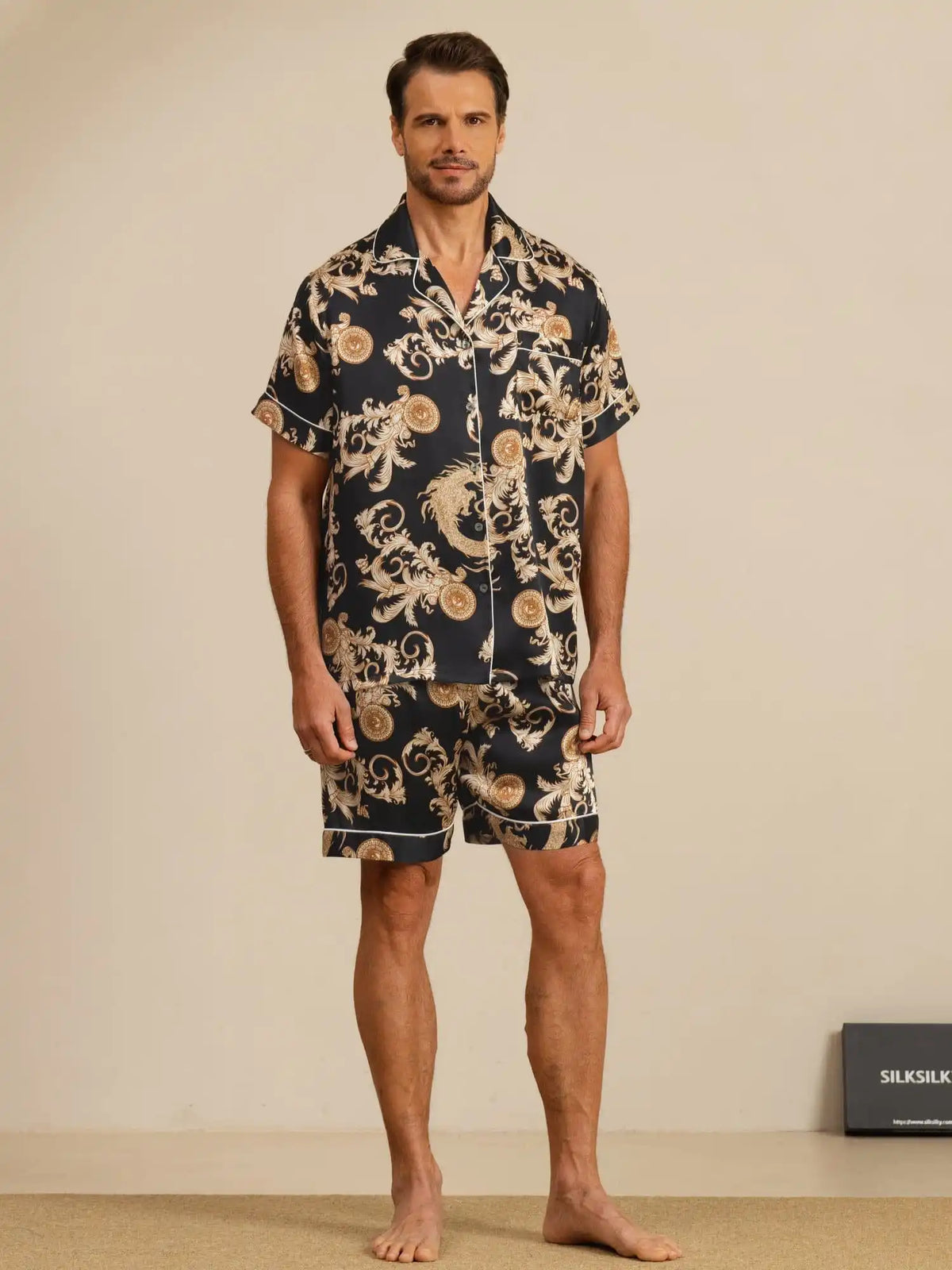 100% Mulberry Silk Men's Dragon Print  Short Sleeve Lapel Collar Pajamas Set