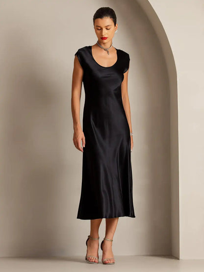 19Momme Silk Cap Sleeve Round Neck Midi Dress