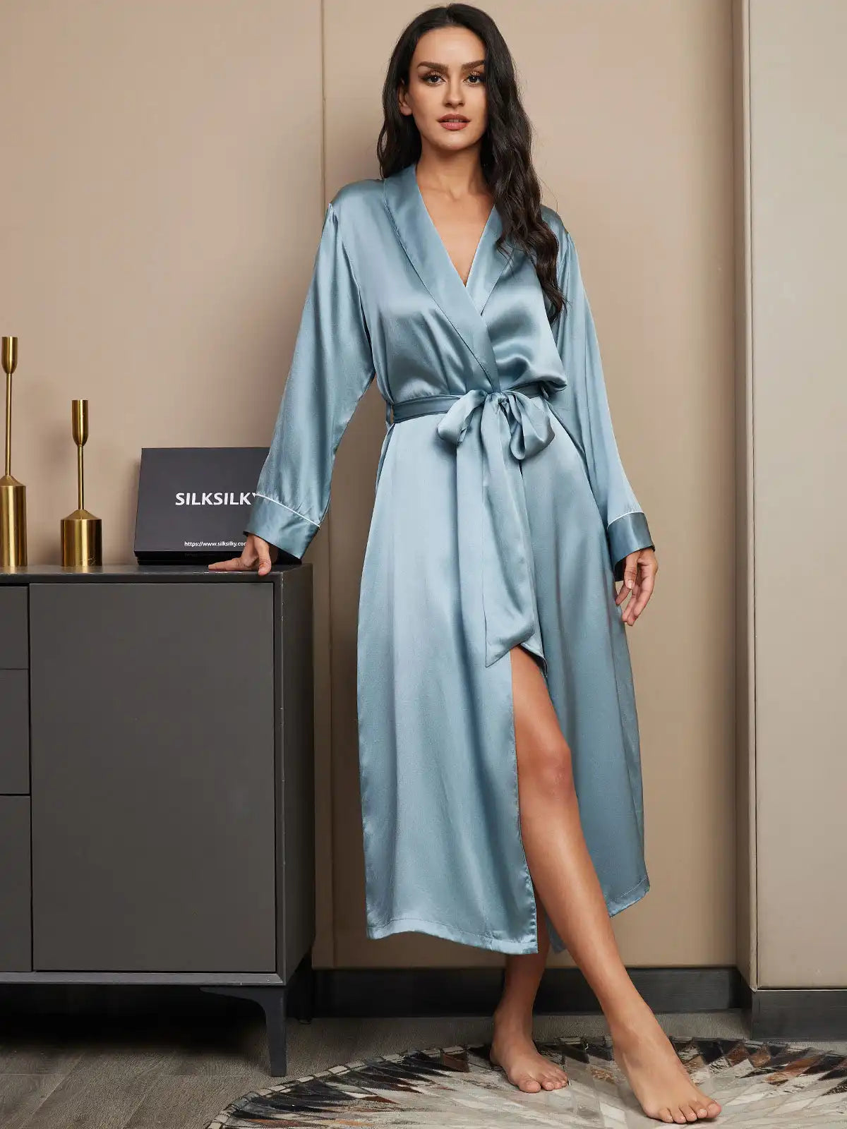 100% Mulberry Silk Long Sleeve Midi Women's Wrap Robe