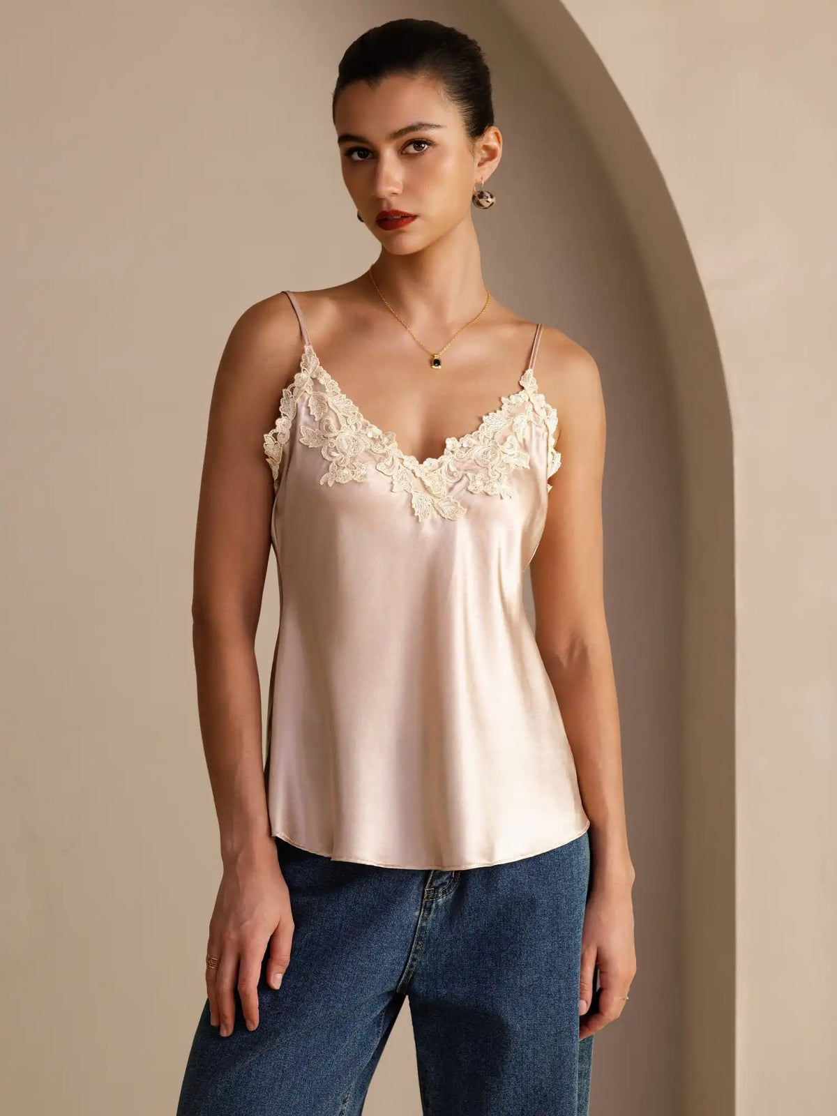 100% Mulberry Silk Spaghetti Strap  V-neck Lace Camisole Top