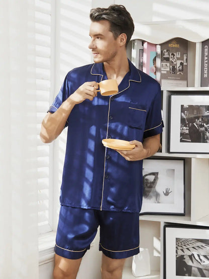 100% Mulberry Silk Short Sleeve Notch Collar Men's Pajamas Set with Shorts