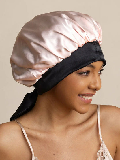 100% Mulberry Silk  Casual Bonnet with Long Ribbons (Two-tone and Double-sided)