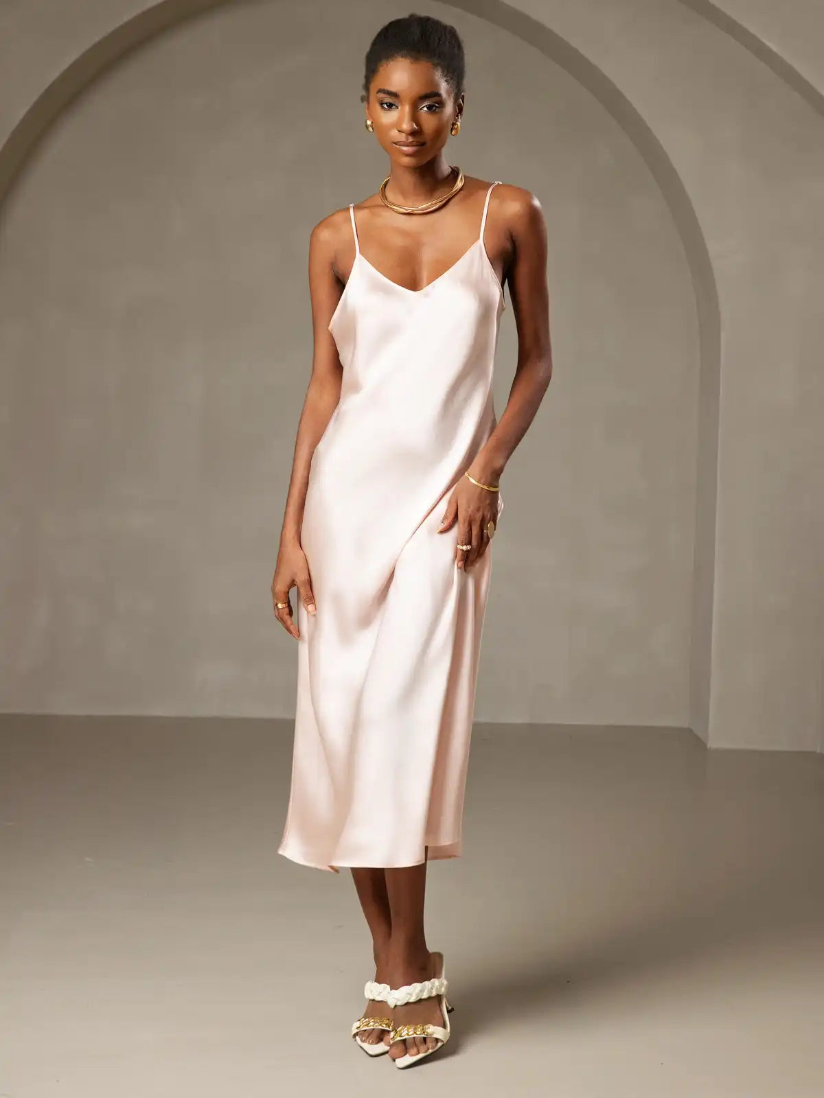 100% Mulberry Silk Spaghetti Strap V Neck Midi Dress