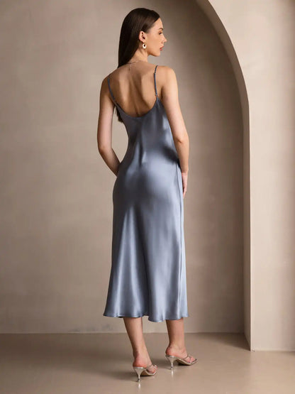 100% Mulberry Silk Spaghetti Strap V Neck Midi Dress