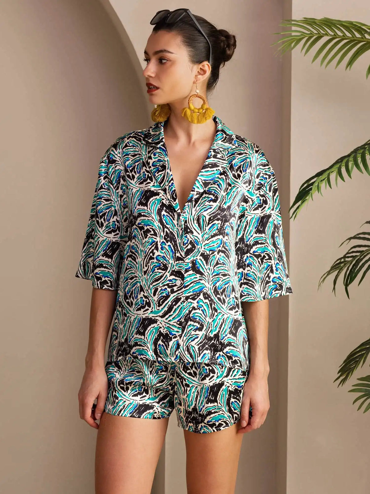 Clearance - 100% Mulberry Silk Women's Botanical Print Short Sleeve Button Up Pajamas Set