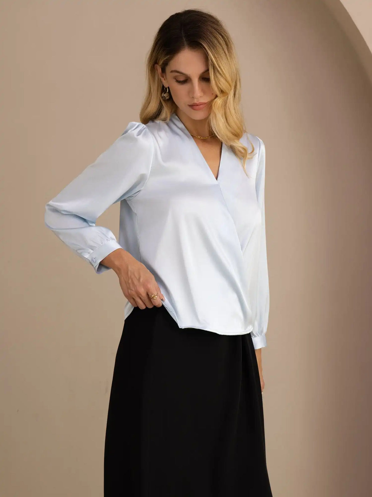19Momme Silk Women’s Wrap Neck Long Sleeve Blouse