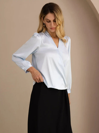 19Momme Silk Women’s Wrap Neck Long Sleeve Blouse