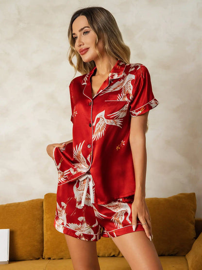 19Momme Women's 100% Mulberry Silk Crane Print Short Sleeve Notch Collar Pajamas Set
