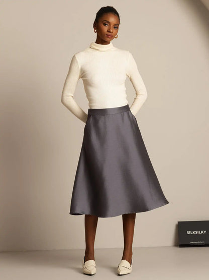 32Momme Silk-Wool Blend  A Line Midi Skirt with Zipper Deign