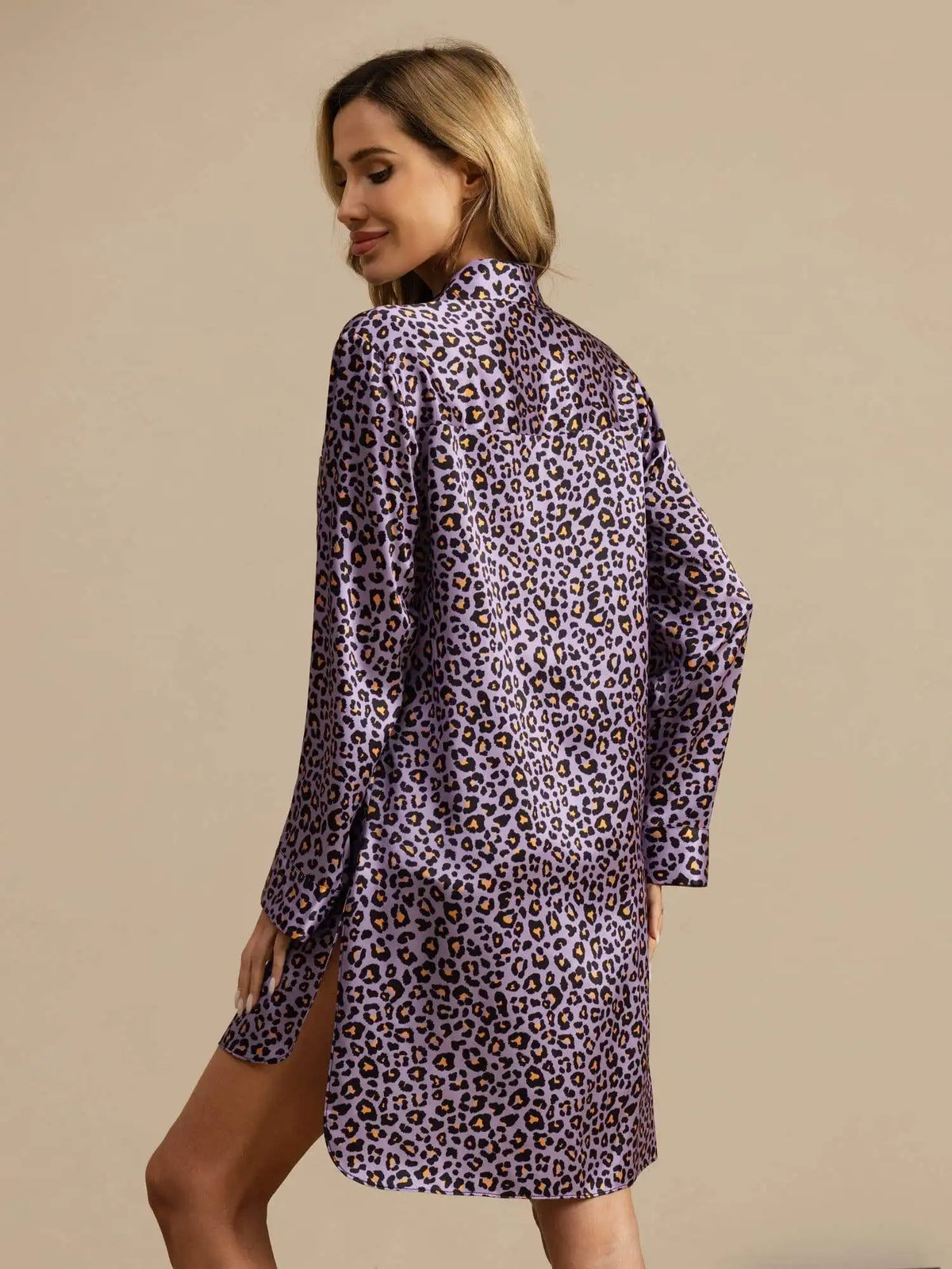 Clearance - 19Momme Pure Silk Women's Leopard Print Nightshirt with High-Low Hem