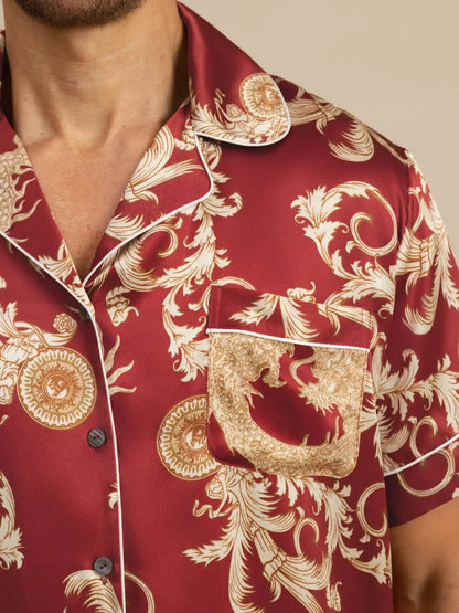 100% Mulberry Silk Men's Dragon Print  Short Sleeve Lapel Collar Pajamas Set