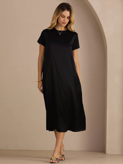19Momme Silk Short Sleeve Crew Neck  Midi Dress With Side Pockets