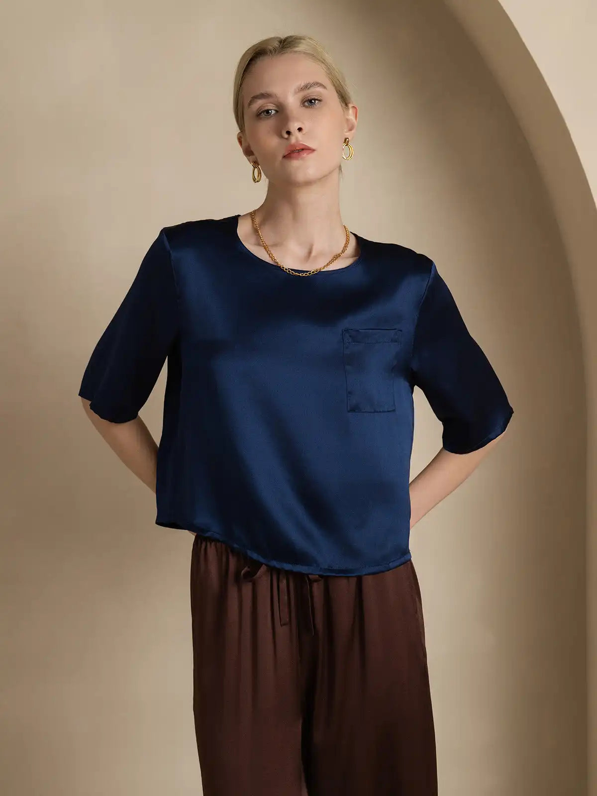 100% Mulberry Silk Women's Blouse Short Sleeve Boxy Crop Top