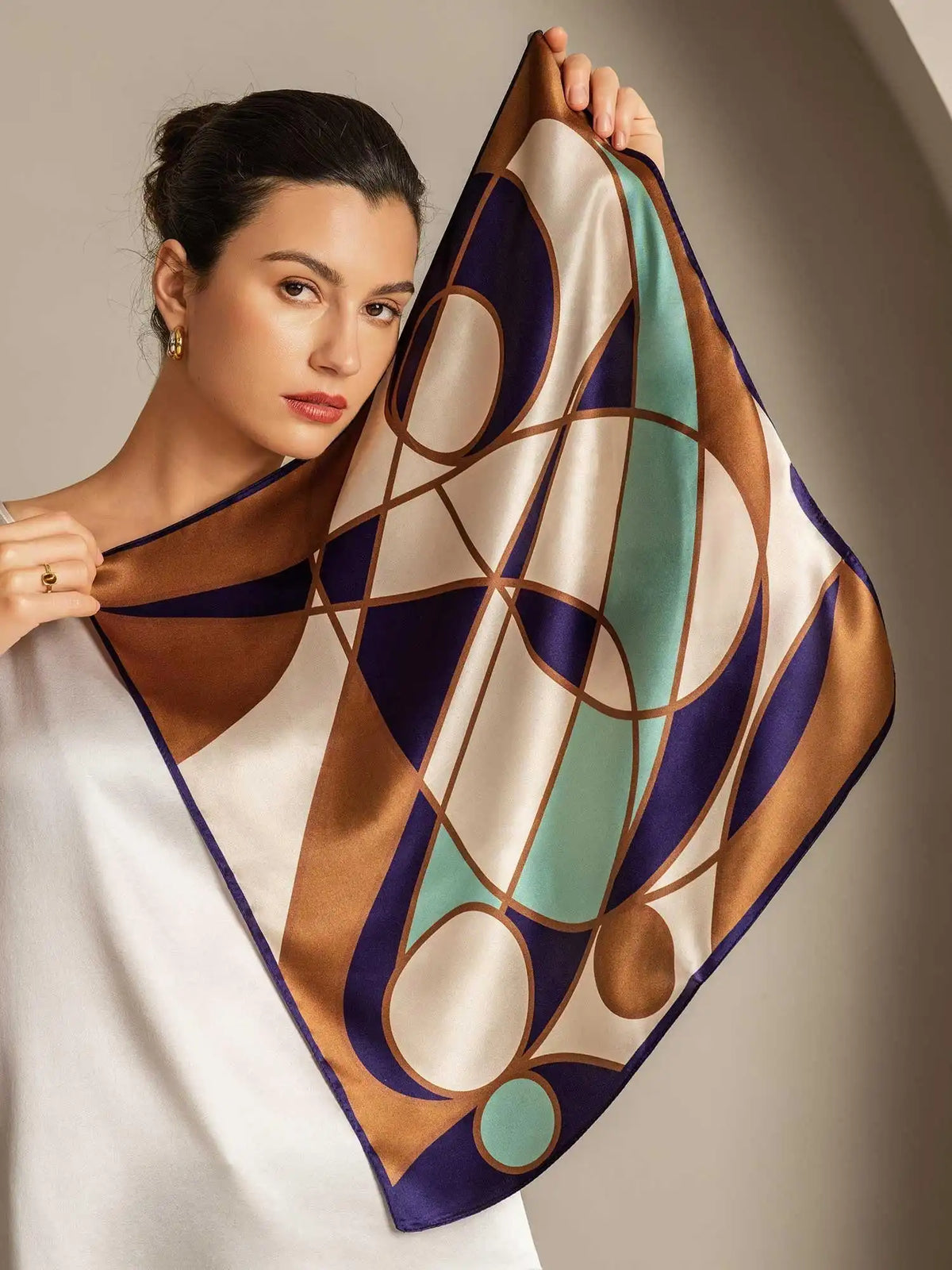100% Mulberry Silk Geometric Pattern Square Scarf - Size 53x53cm