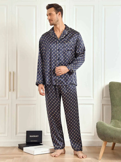 100% Mulberry Silk Navy Chain Print Long Sleeve Men's Pajamas Set With Pants