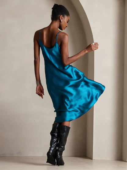 100% Mulberry Silk Spaghetti Strap V Neck Midi Dress
