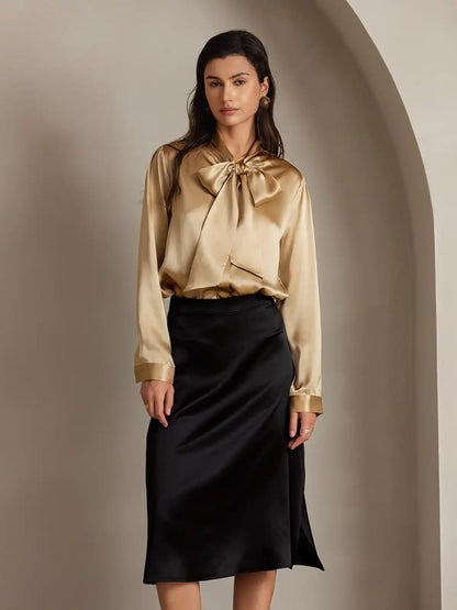 Clearance - 19Momme Silk A Line Long Slit Skirt with Zipper Design