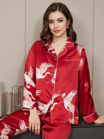 19Momme 100% Mulberry Silk Crane Print Women's Long Sleeve Notch Collar Pajamas Set