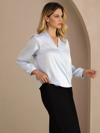 19Momme Silk Women’s Wrap Neck Long Sleeve Blouse
