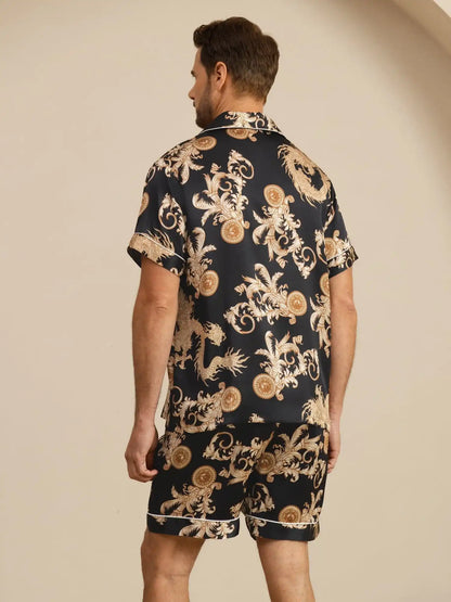 100% Mulberry Silk Men's Dragon Print  Short Sleeve Lapel Collar Pajamas Set