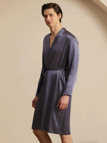 100% Mulberry Silk Men’s Knee Length Ginkgo Printed Robe With Belted Design