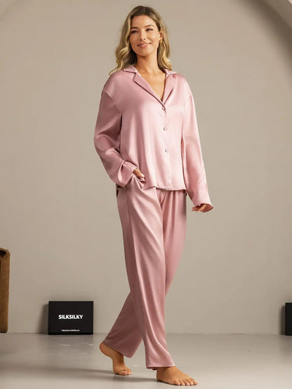 Clearance - 19Momme Washable Silk Long Sleeve Notch Collar Women's Pajamas Set