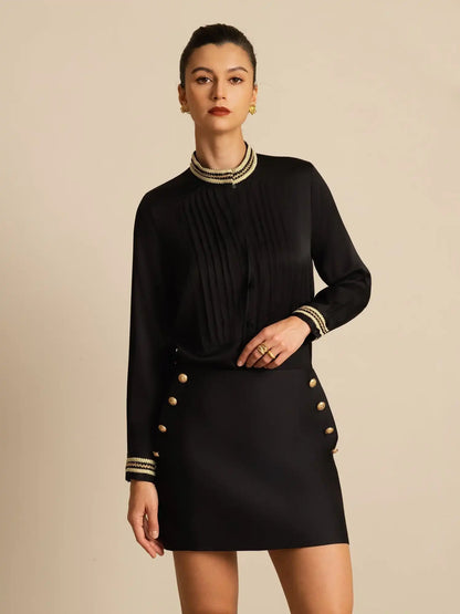 Clearance - 19Momme Silk Women's Pleated Stand Collar Blouse