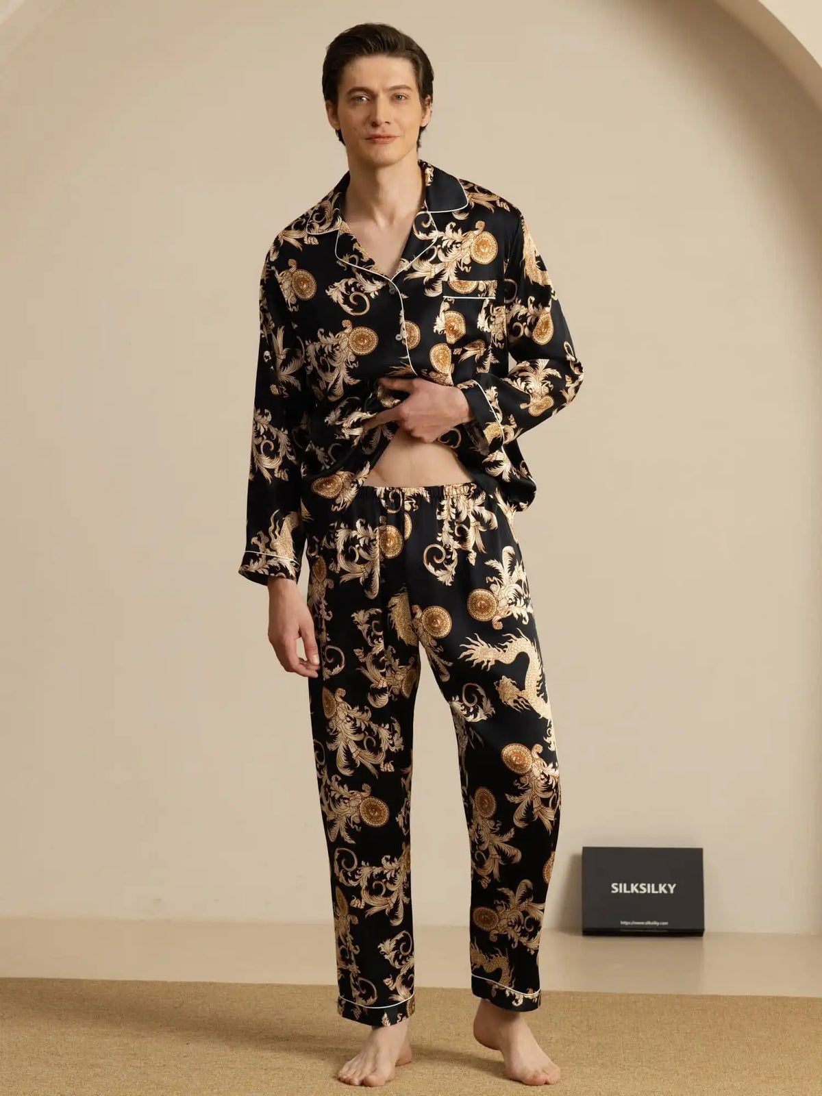 100% Mulberry Silk Men's Dragon Print  Long Sleeve Notch Collar Pajamas Set