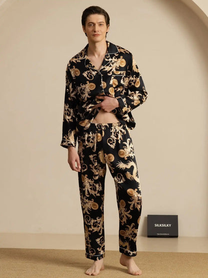 100% Mulberry Silk Men's Dragon Print  Long Sleeve Notch Collar Pajamas Set