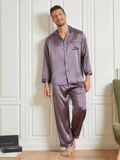 100% Mulberry Silk Long Sleeve Notch Collar Men's Pajamas Set with Button Up Design