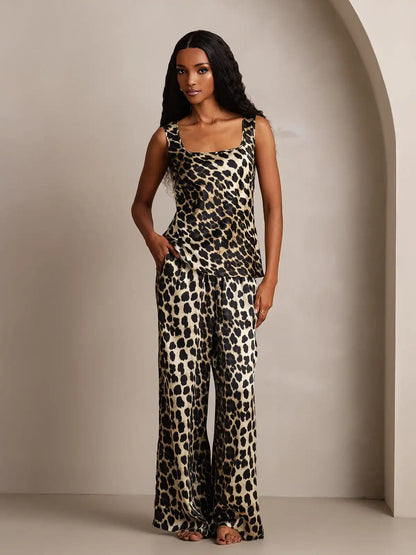 Women's 100% Mulberry Silk Leopard Print Square Neck Tank Top & Wide Leg Pants Set