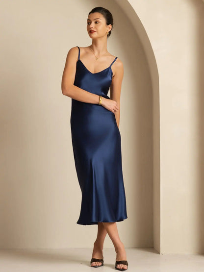 Pure Silk  V Neck Backless Spaghetti Strap Long Dress
