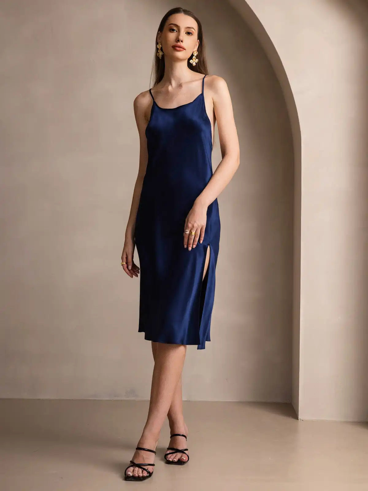 Elegant 100% Mulberry Silk Cross Backless Midi Dress with Side Slit