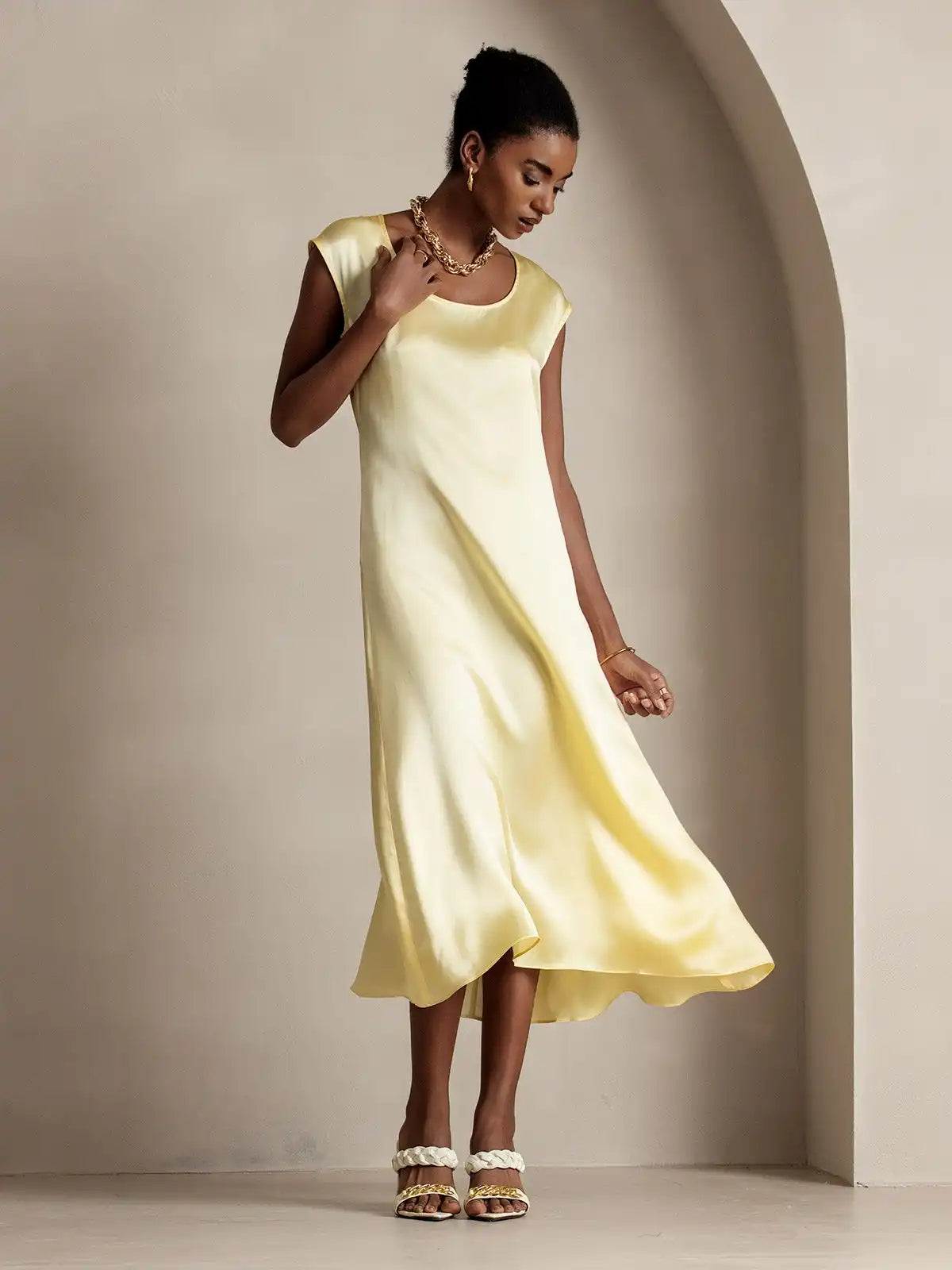 Clearance - 19Momme Silk Round Neck Cap Sleeve Midi Dress
