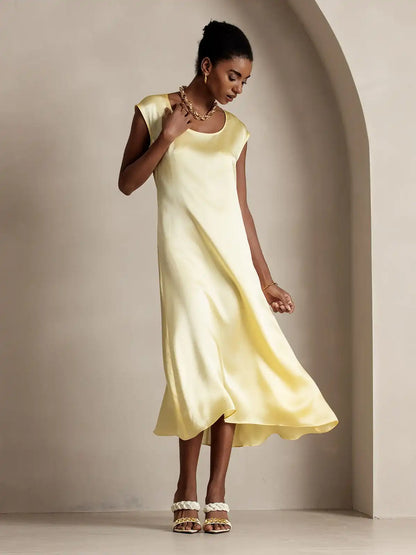 Clearance - 19Momme Silk Round Neck Cap Sleeve Midi Dress