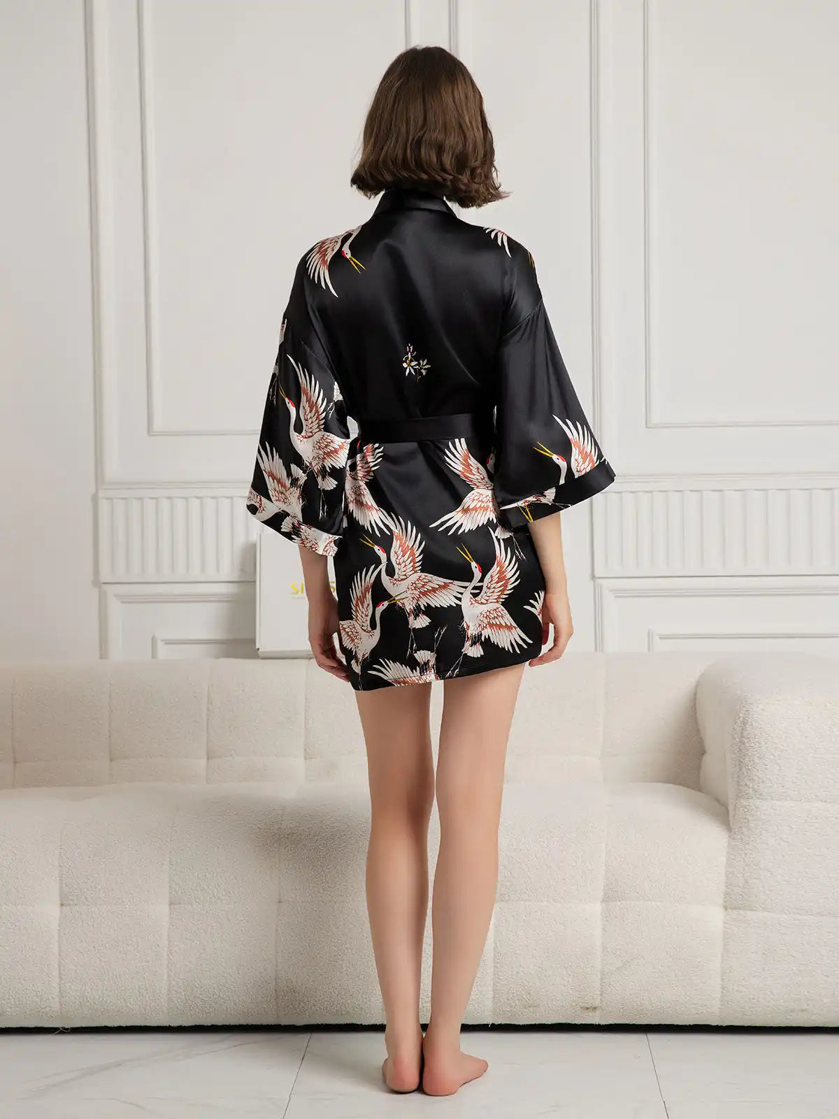 19Momme Women's 100% Mulberry Silk Crane Print 3/4 Sleeve Short Kimono Robe