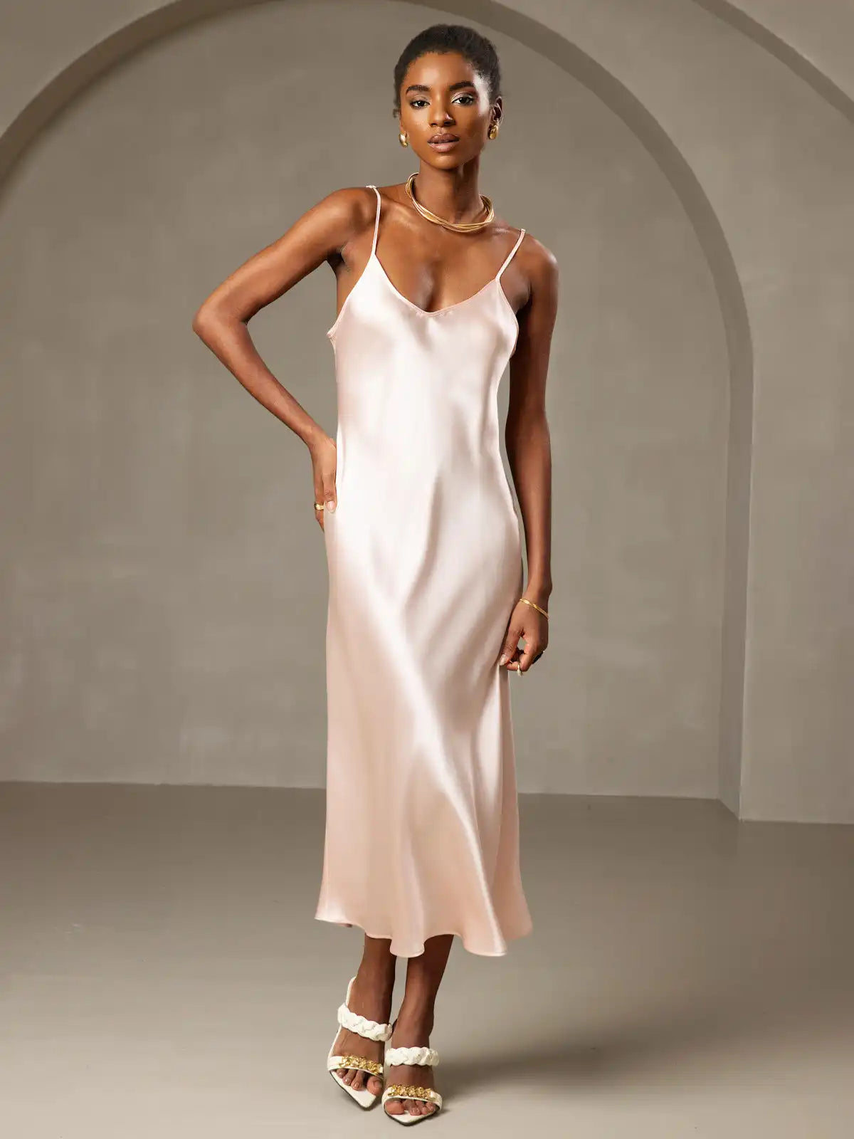 100% Mulberry Silk Spaghetti Strap Midi Long Dress