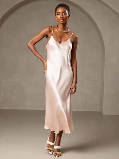 100% Mulberry Silk Spaghetti Strap Midi Long Dress