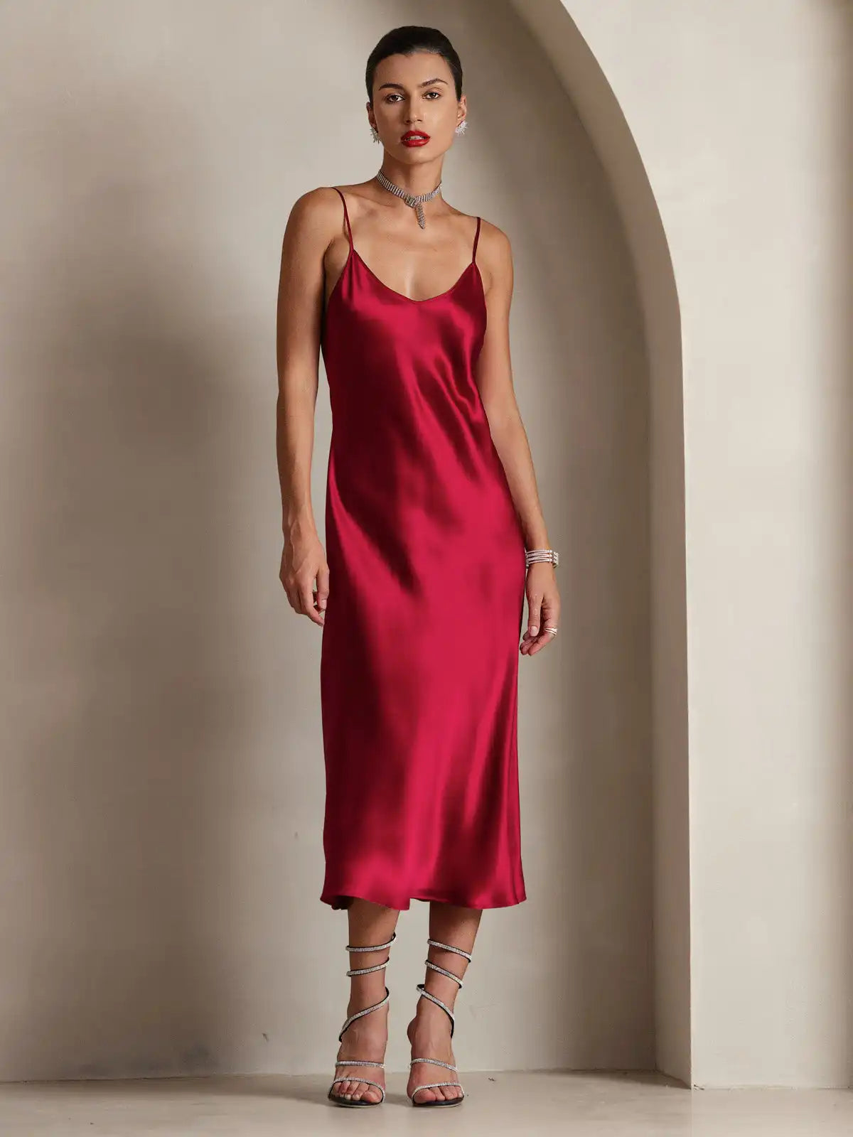100% Mulberry Silk Spaghetti Strap Midi Long Dress