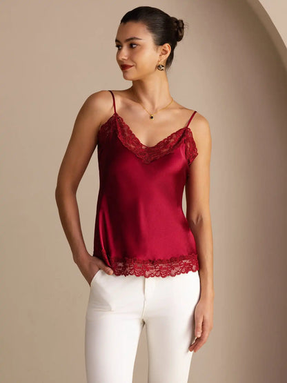 100% Mulberry Silk Women's Spaghetti Strap V Neck Lace Trim Camisole Top