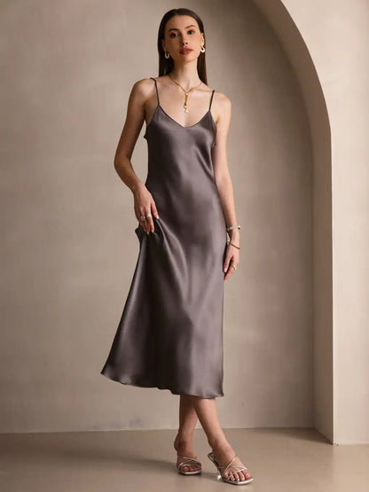 100% Mulberry Silk Spaghetti Strap V Neck Midi Dress