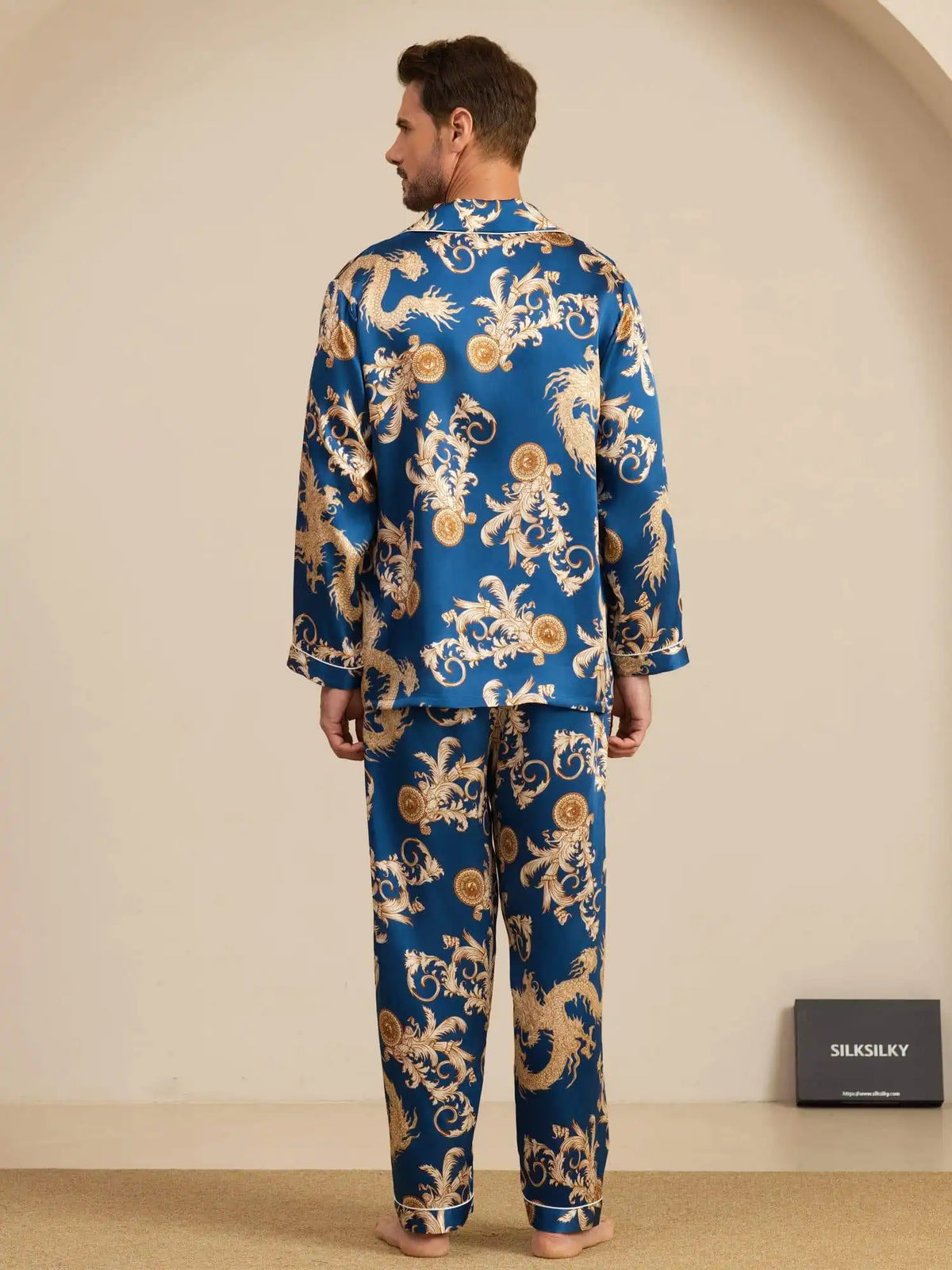 100% Mulberry Silk Men's Dragon Print  Long Sleeve Notch Collar Pajamas Set